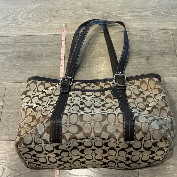 Coach Signature Canvas Medium Tote Shoulder Bag Brown Logo Y2K Classic Purse Tan - Picture 5 of 11